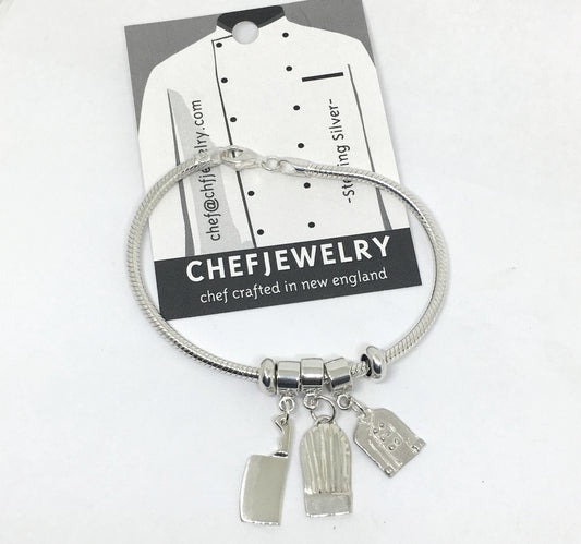snake chain chef charm bracelet with cleaver, chef hat and chef coat