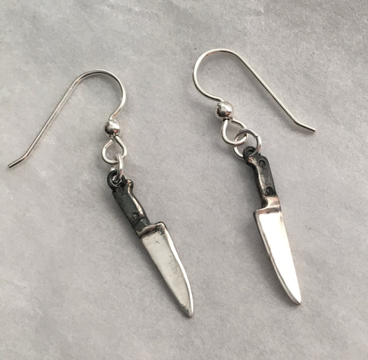 Chef Knife Dangle Earrings with Black Handles in Sterling Silver