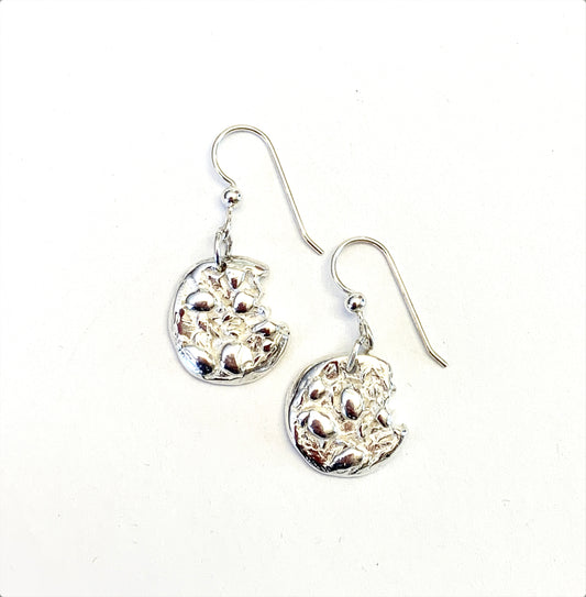 sterling silver oatmeal cookie dangle earrings with a bite out of the cookie