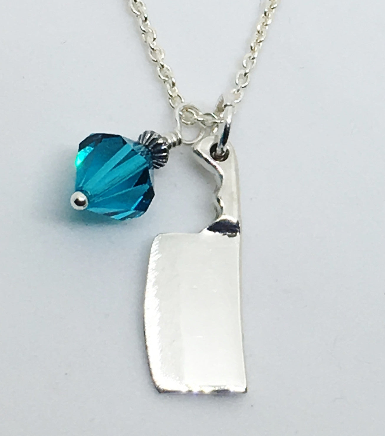 Chef's Cleaver Knife Pendant Necklace with Aqua Blue Swarovski Crystal Charm