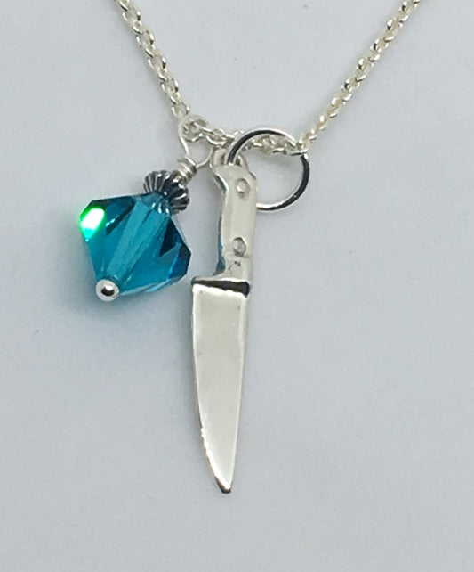 Chef Knife Necklace with Swarovski Aqua Blue Crystal Dangle