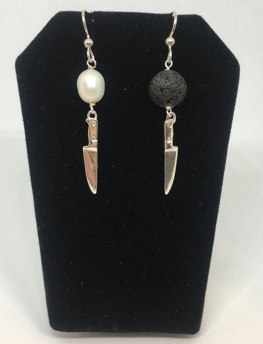 asymmetrical black and white pearl and lava chef knife earrings