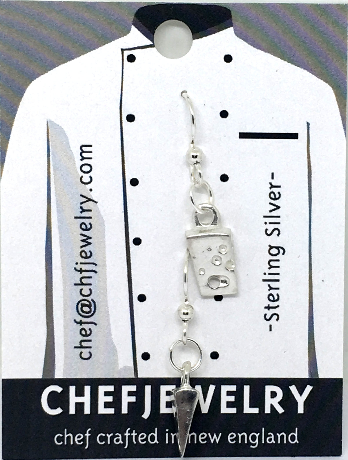 cheese earrings come on a custom chefjewelry earring card