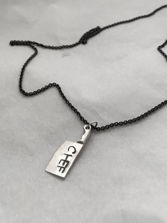 Handstamped Chef Cleaver Knife Pendant Necklace with Black Silver Chain