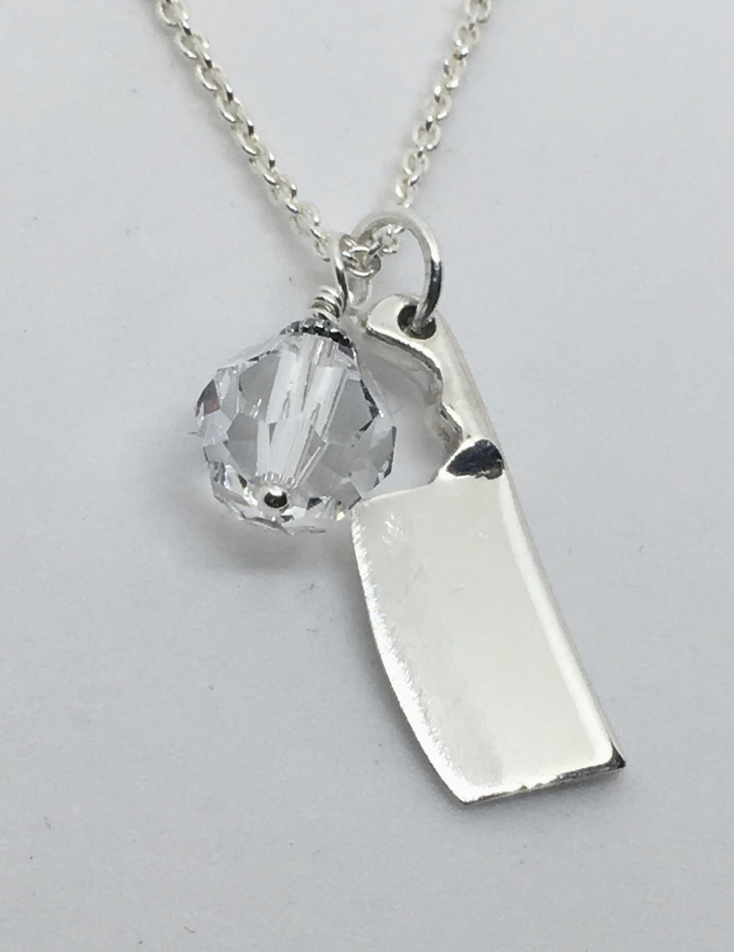 Chef's Cleaver Knife Pendant Necklace with Clear Swarovski Crystal Charm