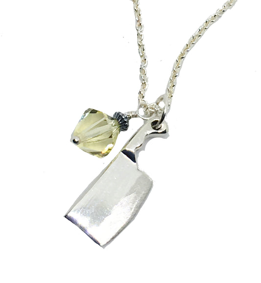 cleaver knife pendant necklace with yellow  crystal dangle in sterling silver