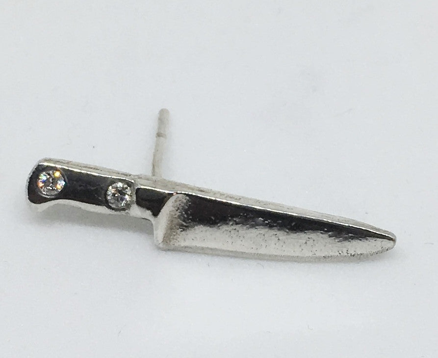 Sterling silver or gold chef knife stud earring with diamonds