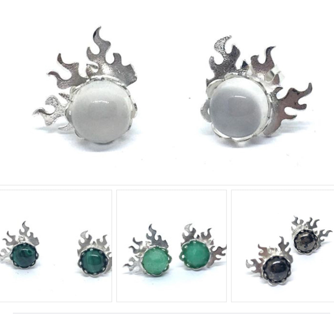 Fire Stud Earrings with Chrysoprase in Sterling Silver