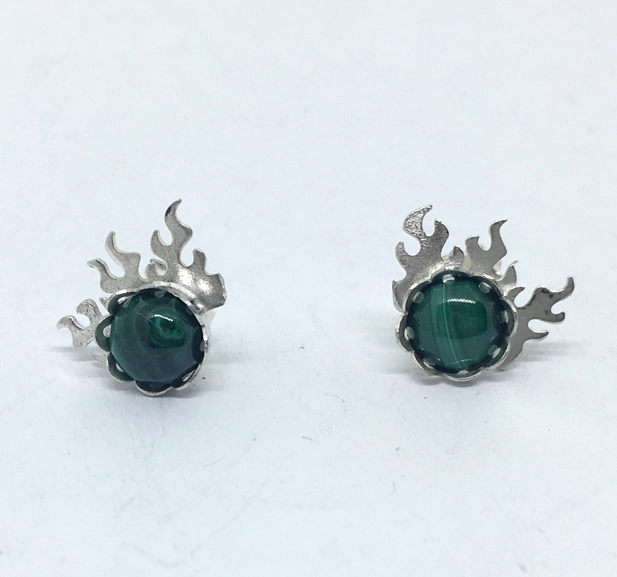 fire earrings with malachite gemstones  in sterling silver