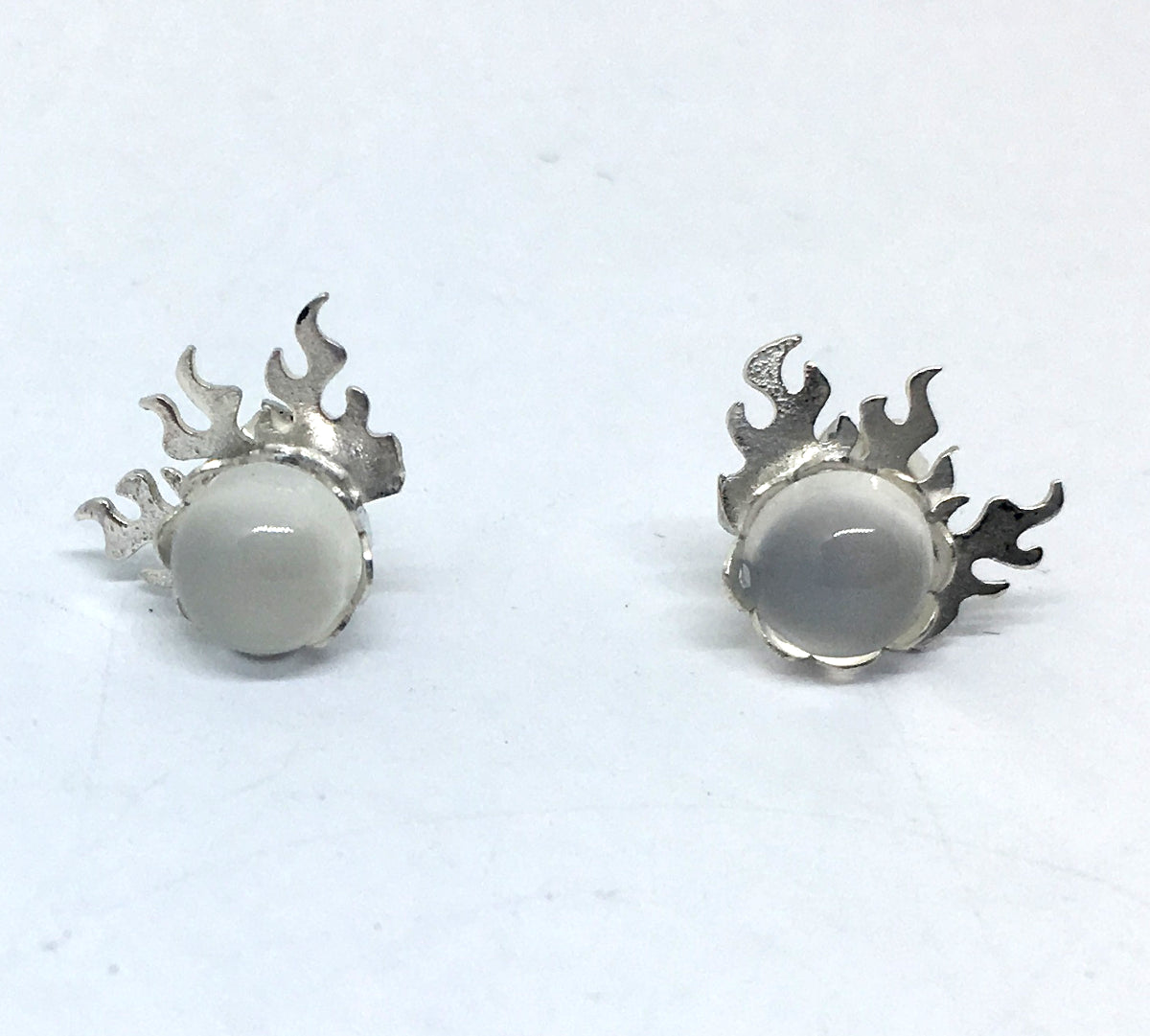 Flame Stud Earrings with Moonstone in Sterling Silver