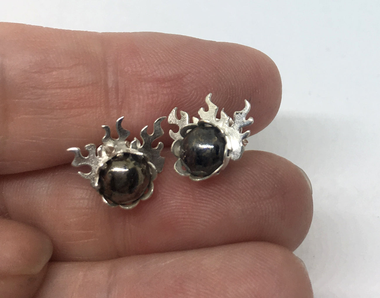 Fire Post Earrings with Pyrite Gemstones in Sterling Silver