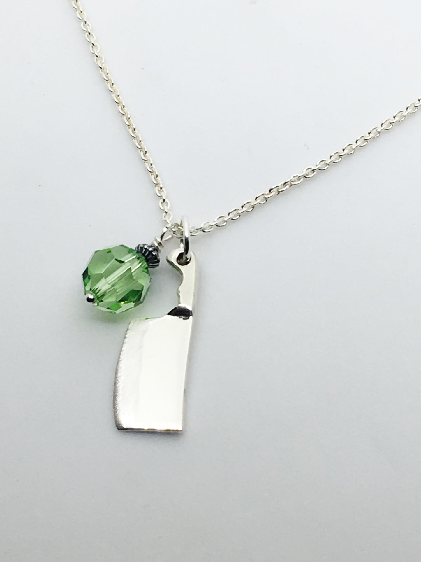 Chef's Cleaver Knife Pendant Necklace with Green Swarovski Crystal Charm