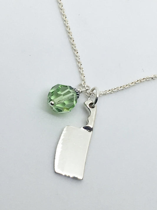 Chef's Cleaver Knife Pendant Necklace with Green Swarovski Crystal Charm
