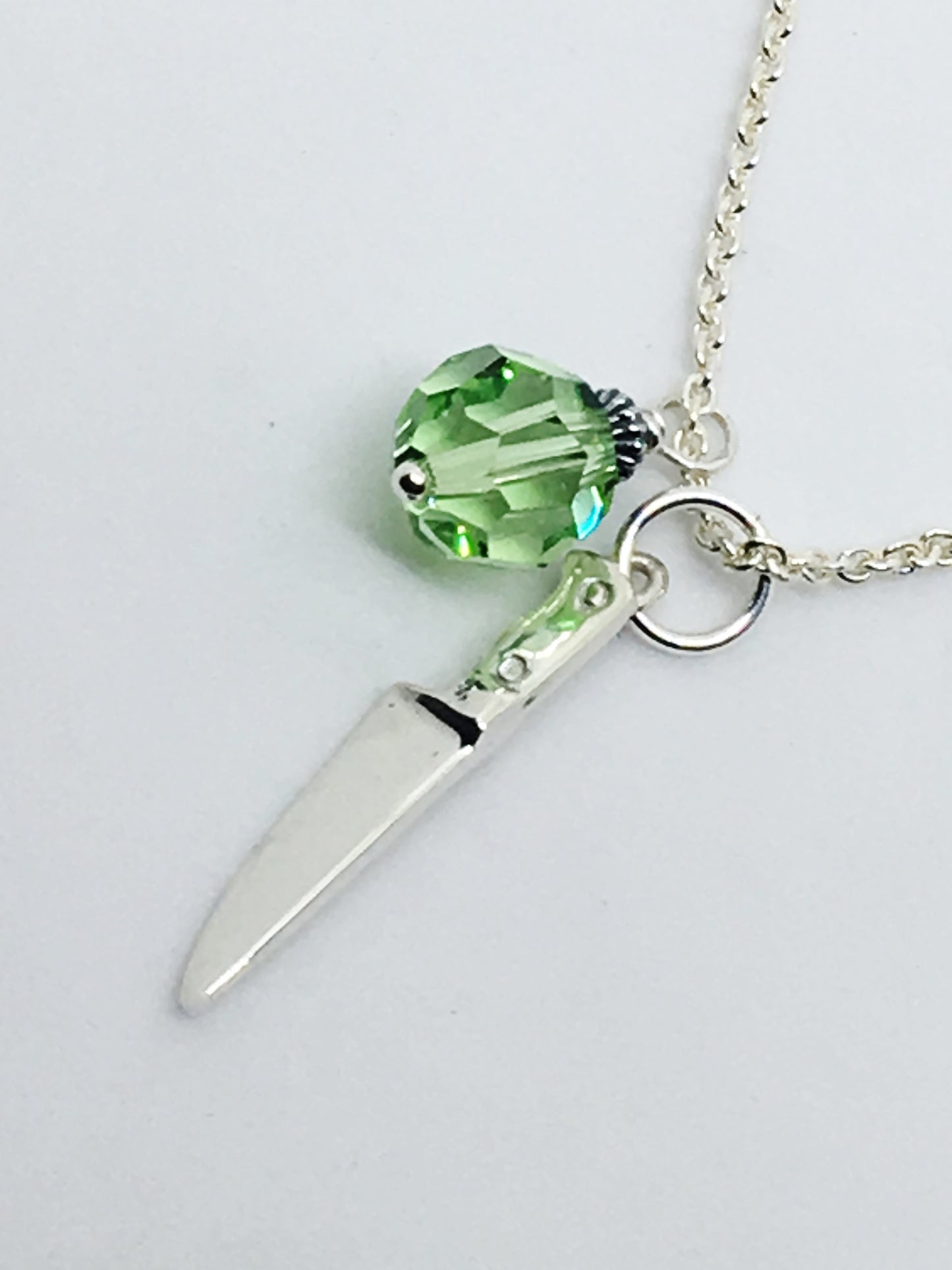 Chef's Knife Pendant Necklace with Green Swarovski Crystal Charm