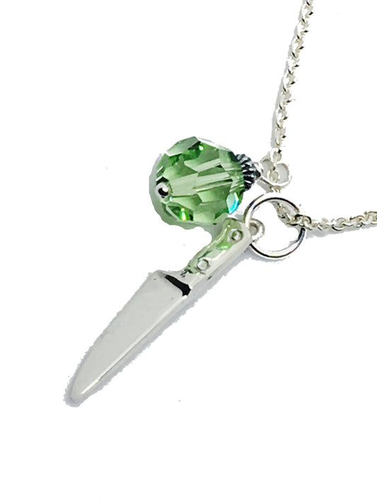 chef knife necklace in sterling silver with green crystal dangle