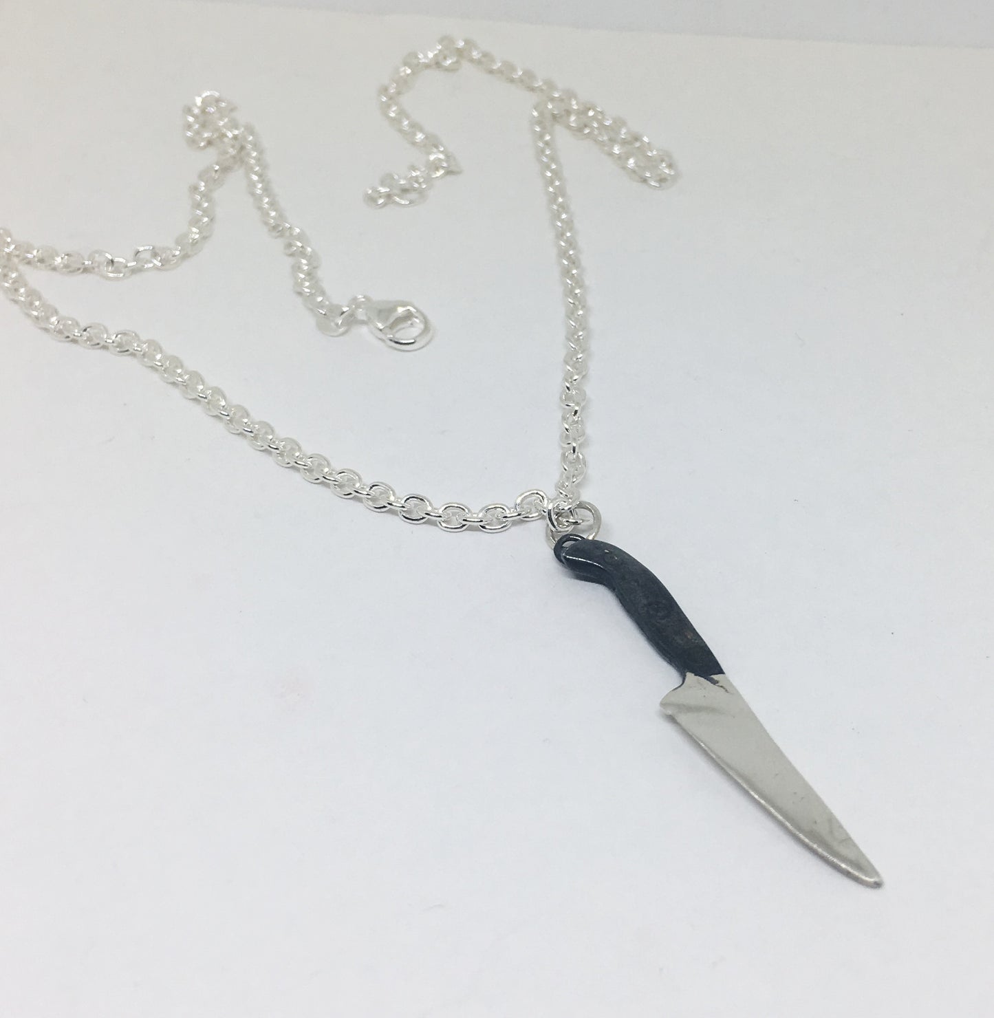 Large Sterling Chef Knife Pendant Necklace with Black Handle