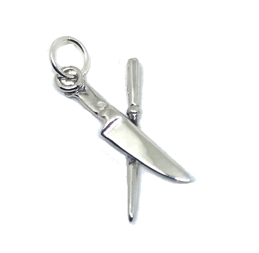 Chef's Knife and Steel Charm in Sterling Silver