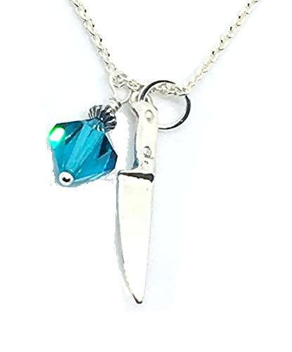 chef knife pendant necklace with aqua blue crystal  charm