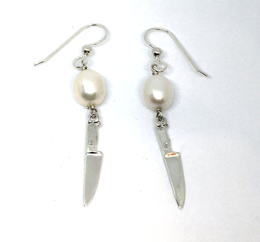 Sterling Silver Chef Knife Earrings with Pearl