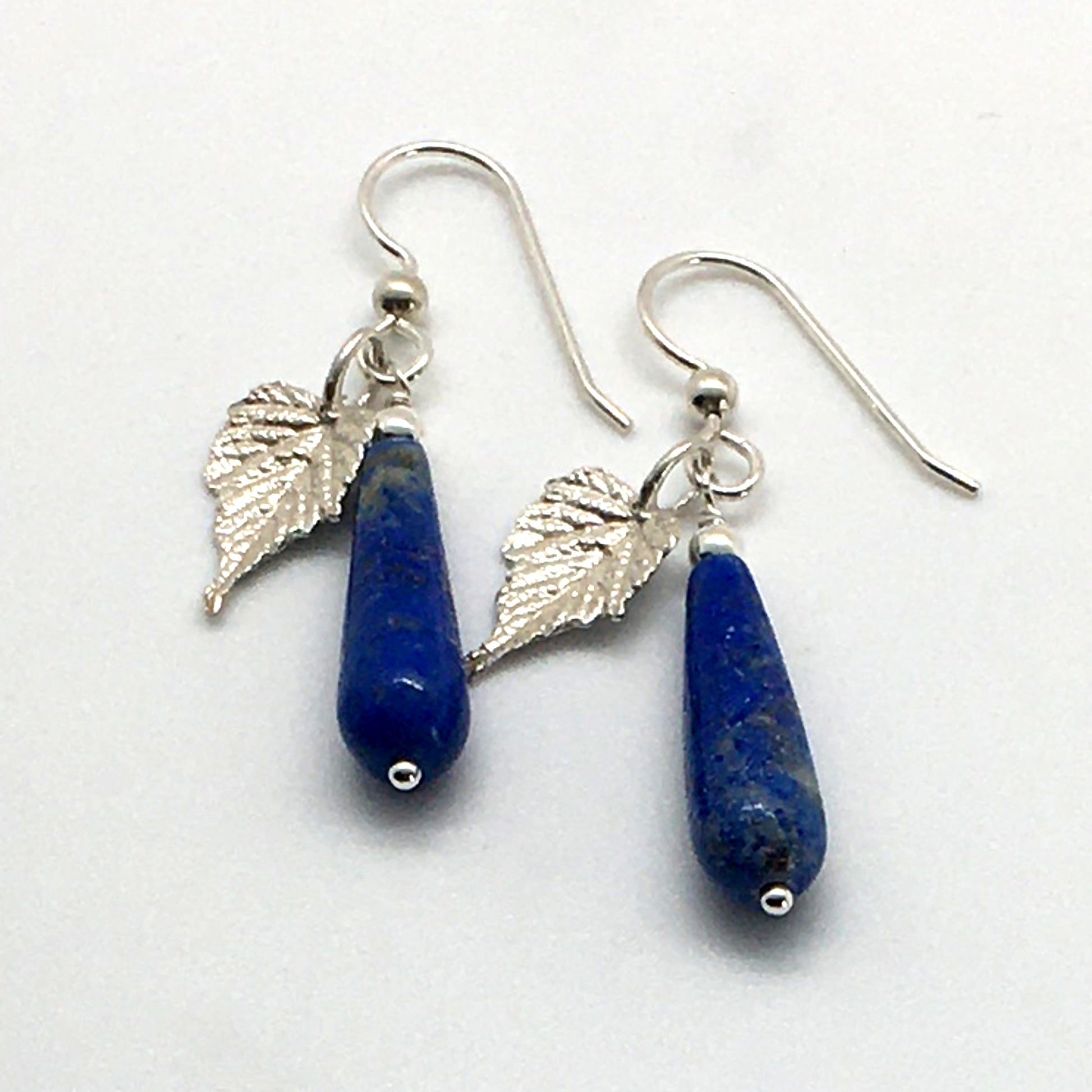 lapis lazuli teardrop earrings with sterling silver grape leaves