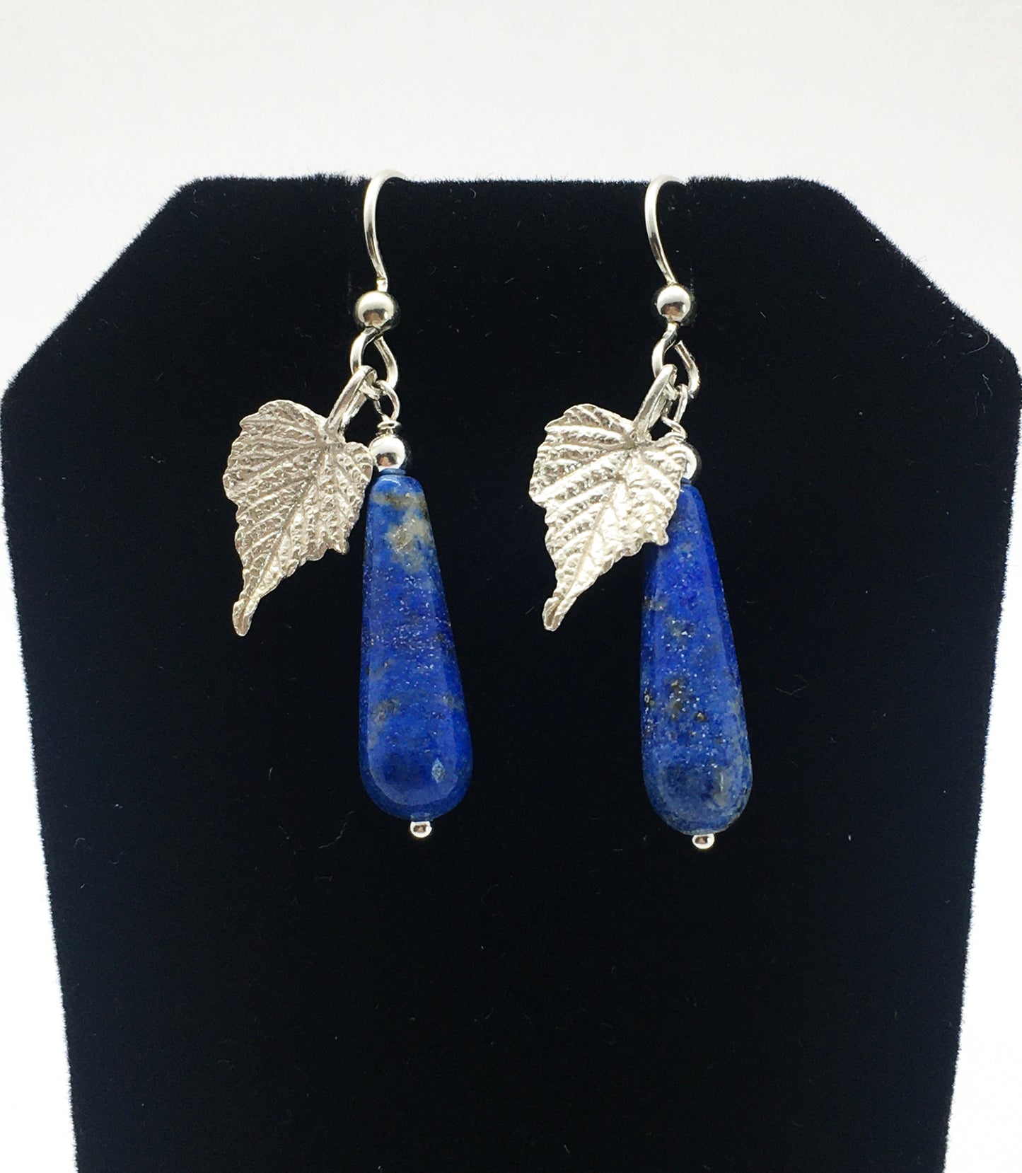 Lapis Lazuli Teardrop Earrings with Sterling Silver Grape Leaves