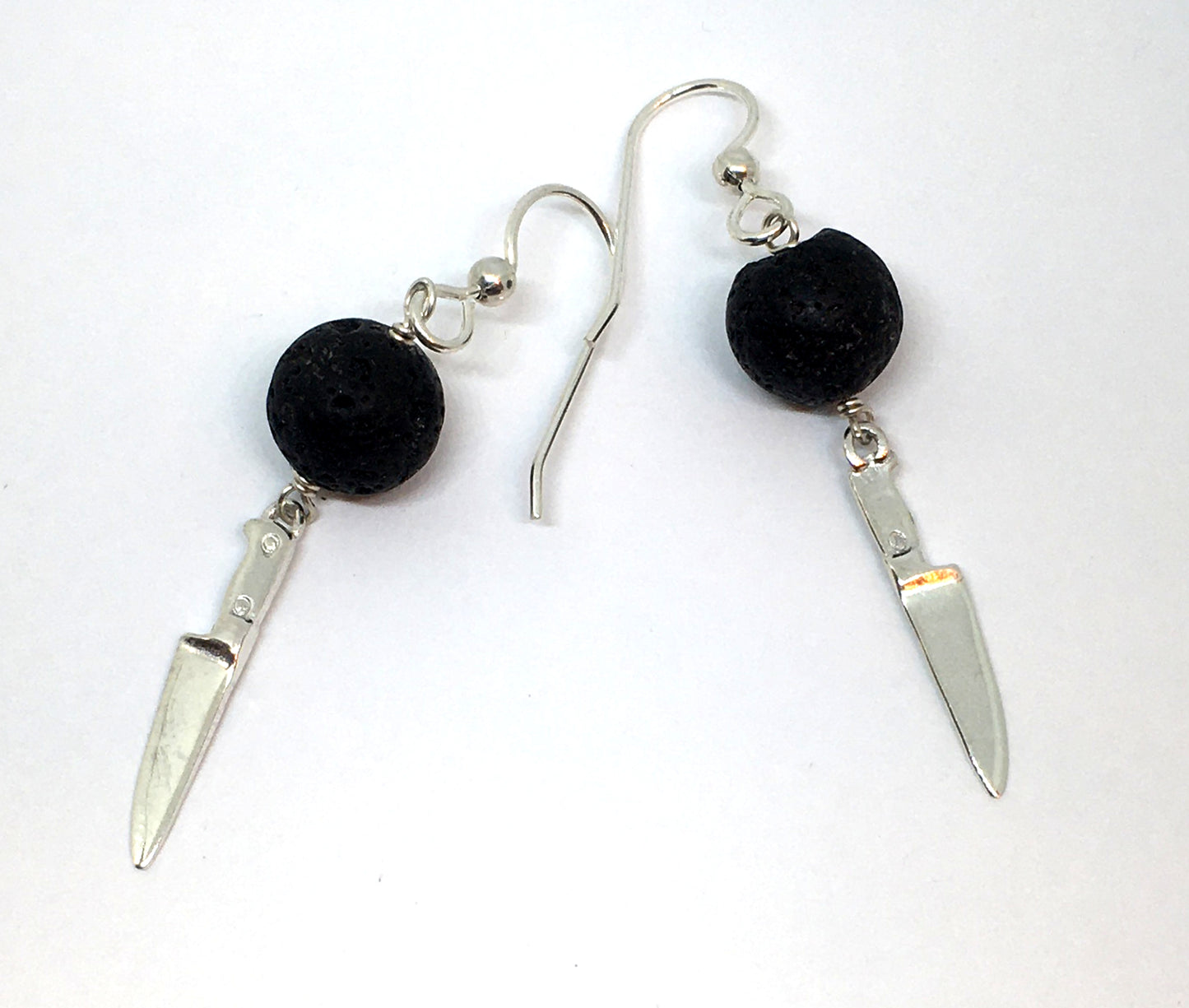 sterling silver chef knife earrings with lava beads