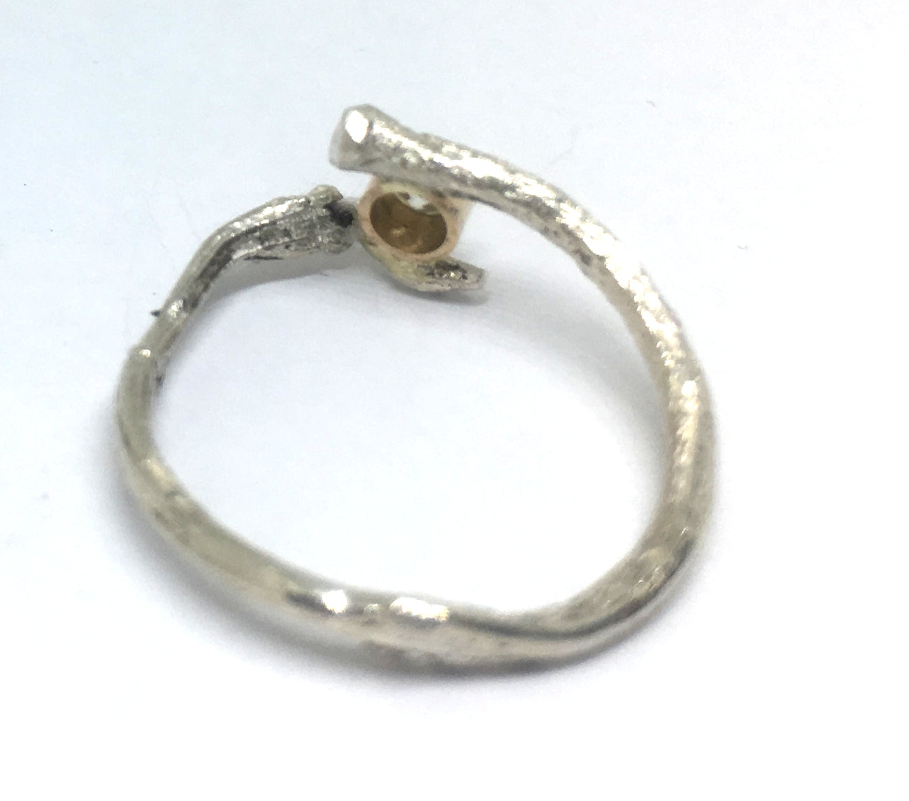 Olive Twig and Diamond Ring in Sterling Silver and 14K Gold