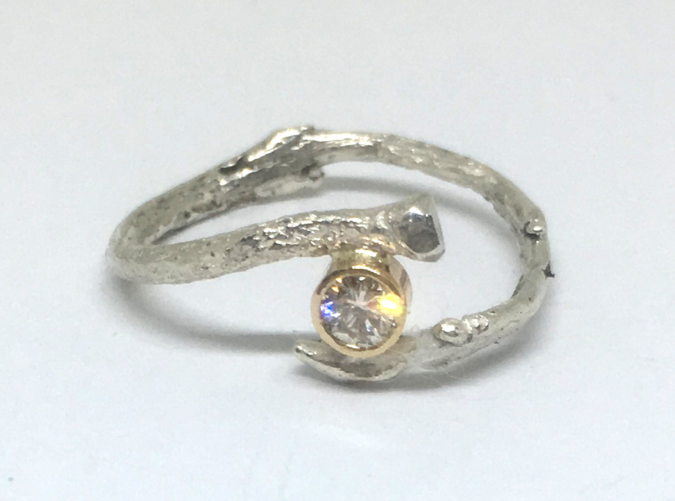 Olive Twig and Diamond Ring in Sterling Silver and 14K Gold