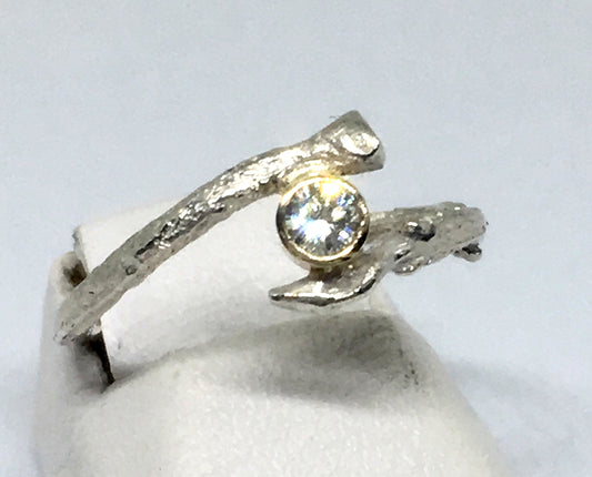 Realistic olive twig diamond ring in sterling silver and 14K gold 
