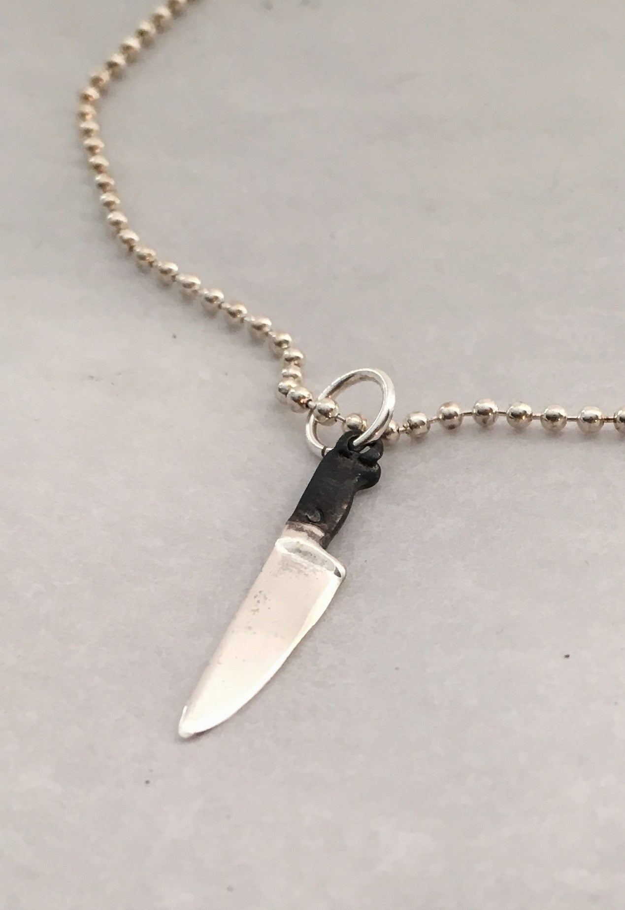 Sterling Chef Knife Pendant Necklace with Black Handle and Bead Chain