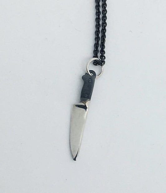 Sterling Chef Knife Pendant Necklace with Black Handle on Black Silver Chain