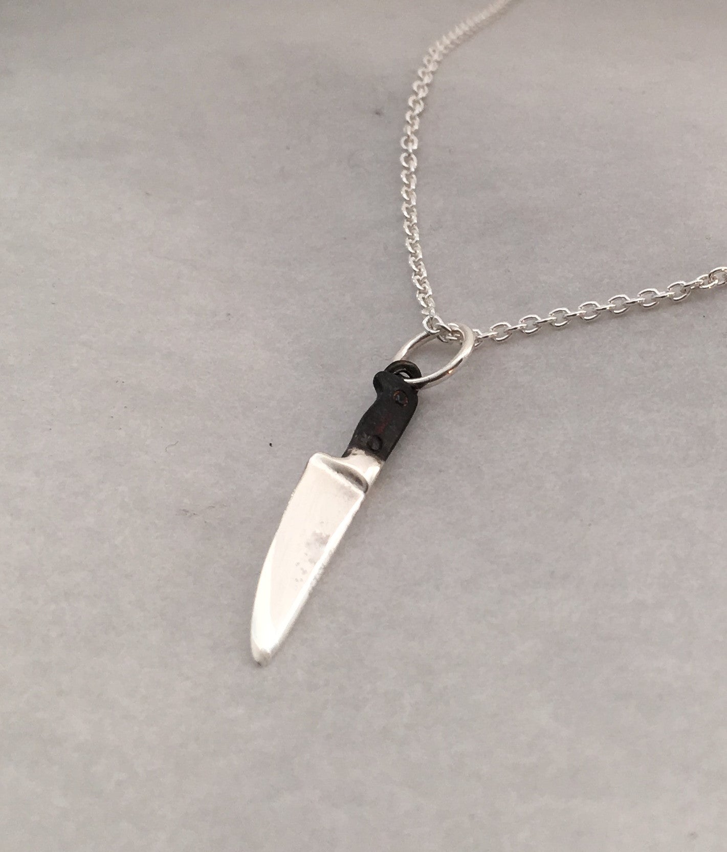 Sterling Chef Knife Pendant Necklace with Black Handle
