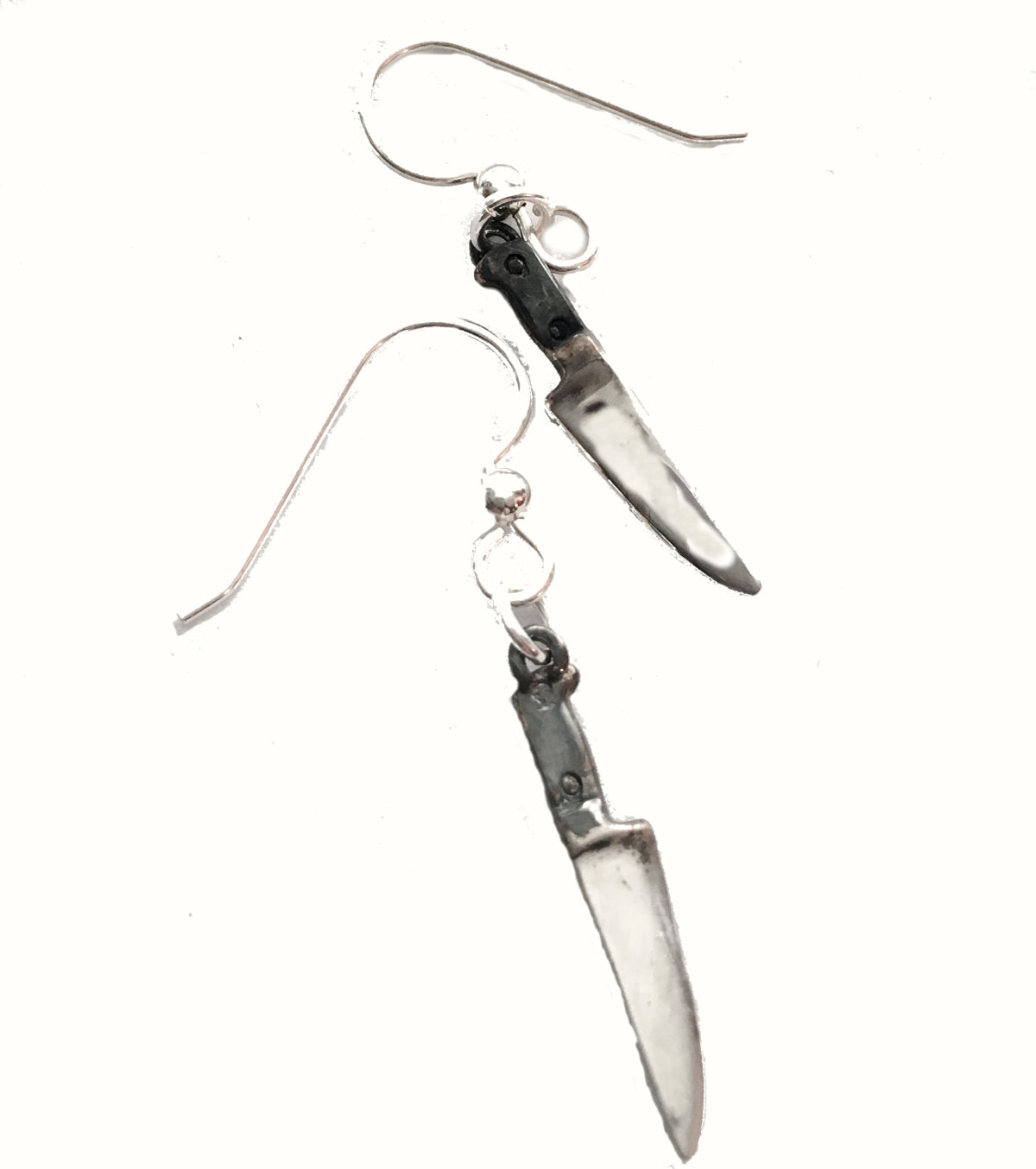 Chef Knife Dangle Earrings with Black Handles in Sterling Silver