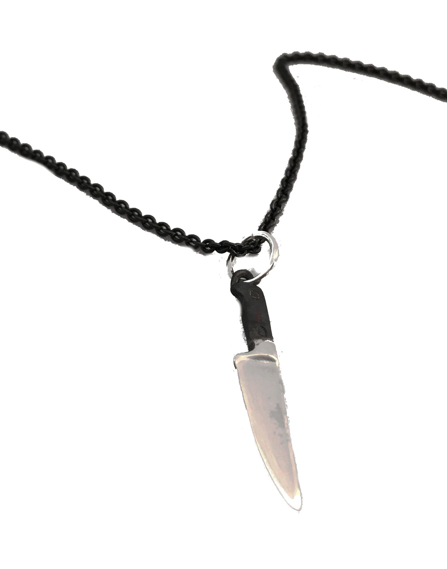 chef knife necklace with black handle on black sterling silver chain