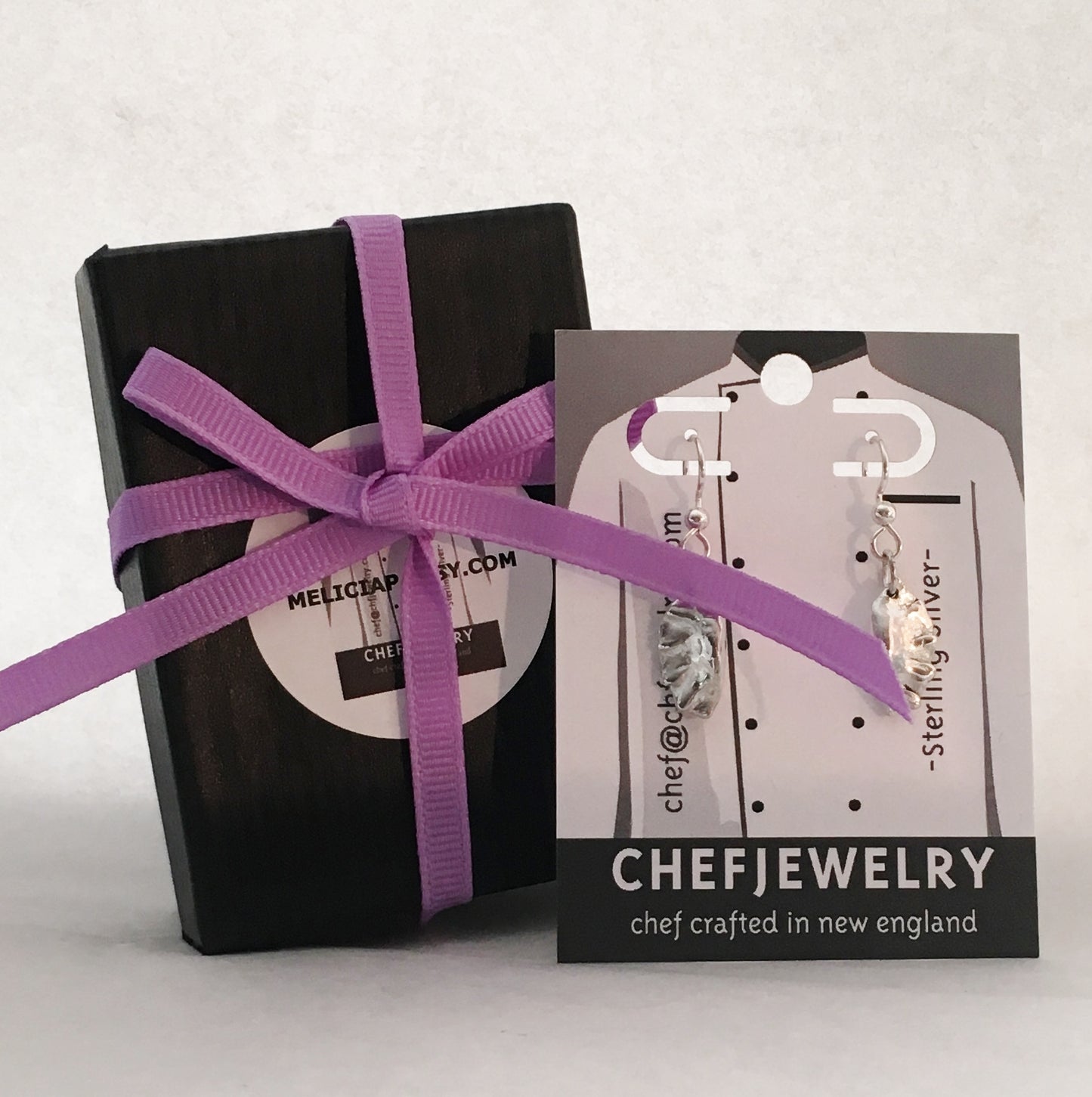 your earrings will arrive in custom chefjewelry packaging all tied up with ribbon
