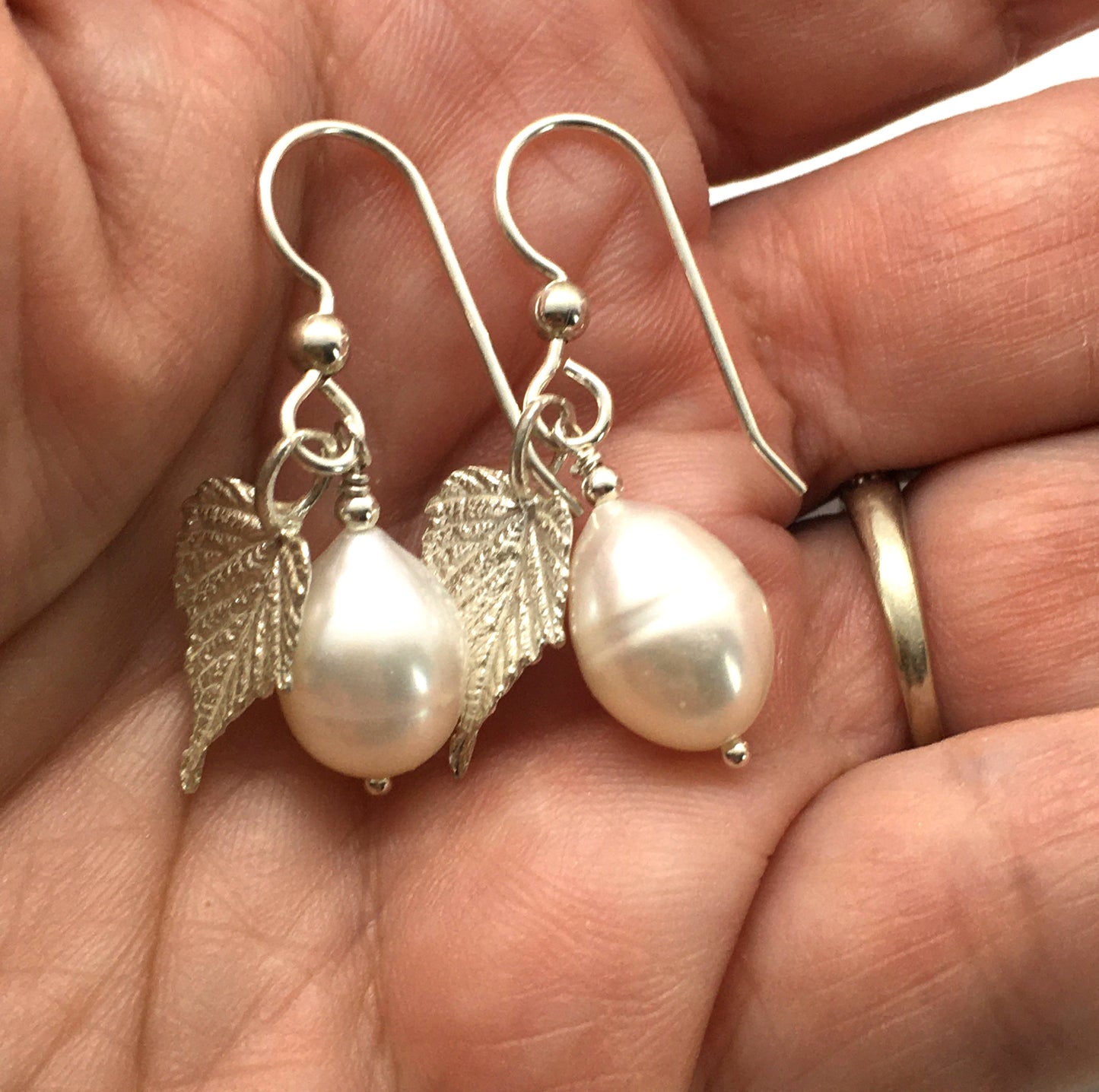 Pearl Earrings with Sterling Silver Grape Leaves