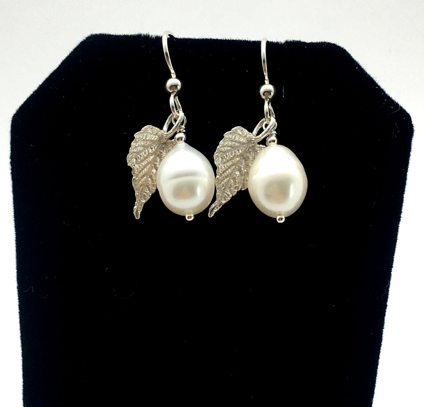 Pearl Earrings with Sterling Silver Grape Leaves