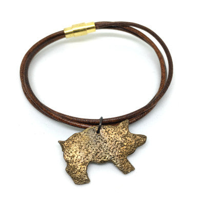 Leather Bangle with Bronze Pig Charm