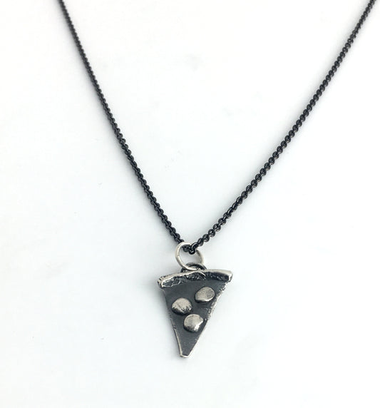 sterling silver pizza charm necklace on black silver chain
