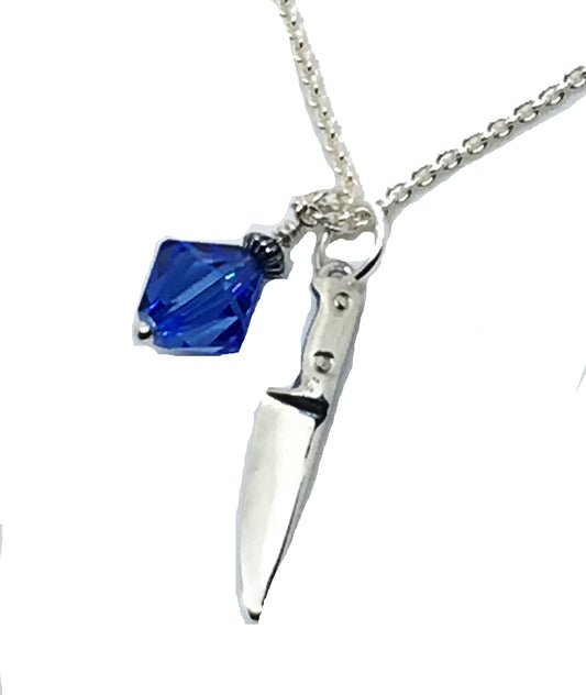 chef knife pendant necklace with sapphire blue crystal dangle