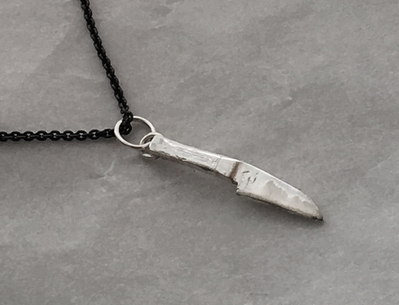 Japanese Sushi Knife Necklace in Sterling Silver with Black Silver Chain