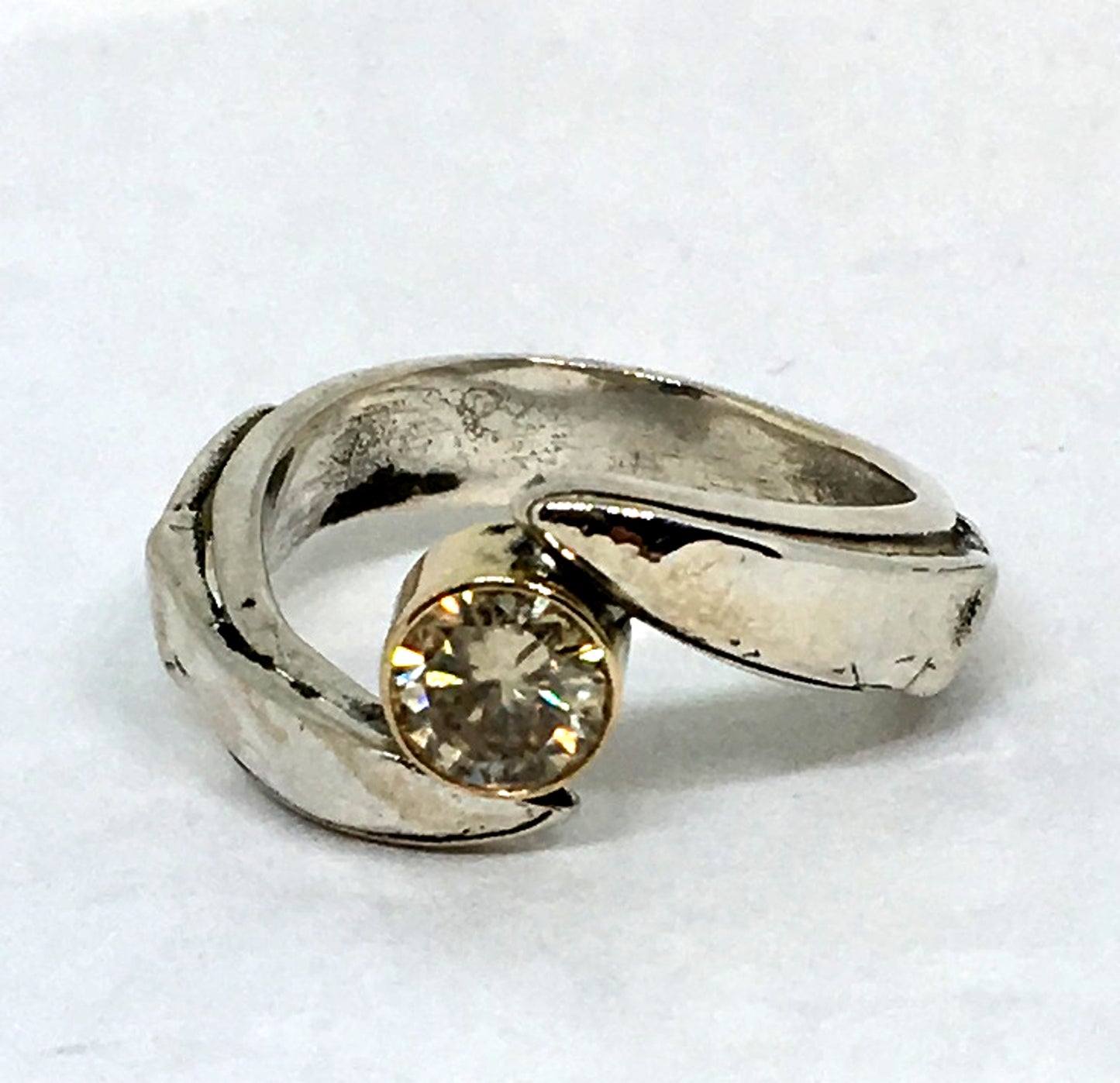 chef engagement ring with yellow moissanite in sterling silver and gold