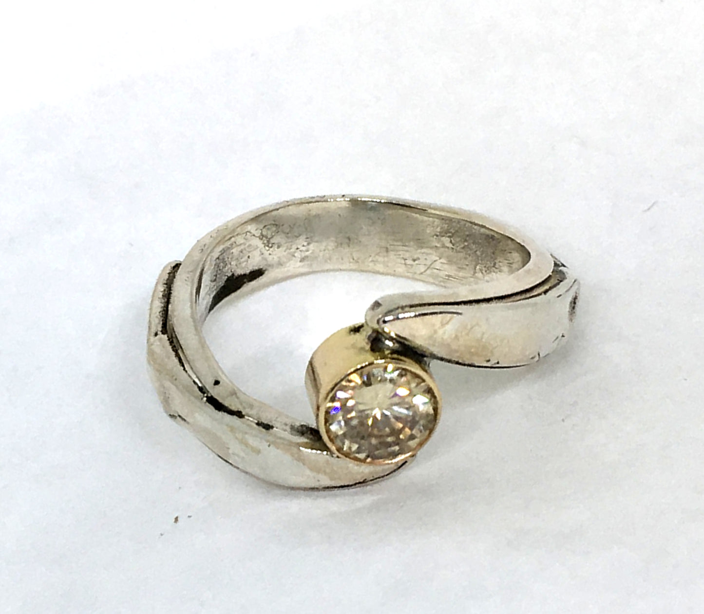 chef engagement ring with yellow moissanite in sterling silver and gold