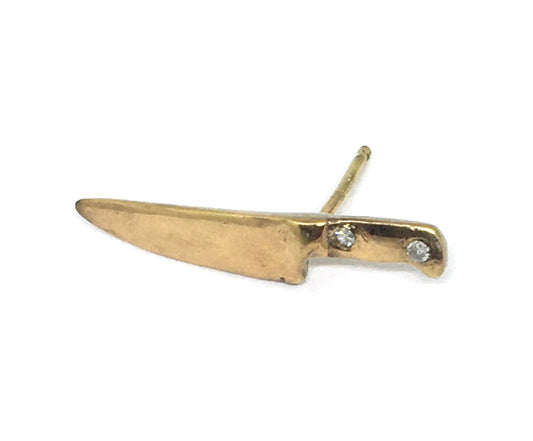 Single Gold Plated Sterling Silver Chef Knife Stud Earring with Diamond Accents